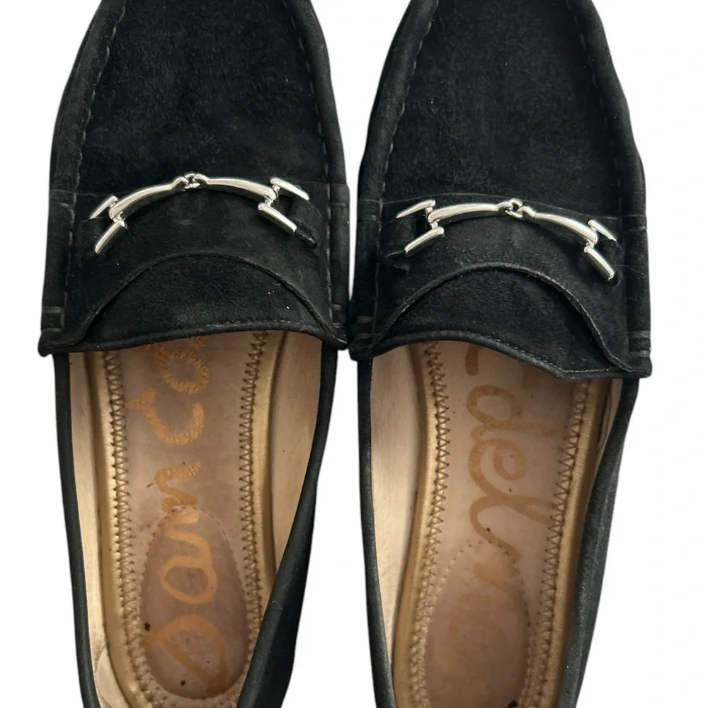 🏷️ Sam Edelman Classic Black Suede Leather Horse Bit Loafers Womens US 7.5M